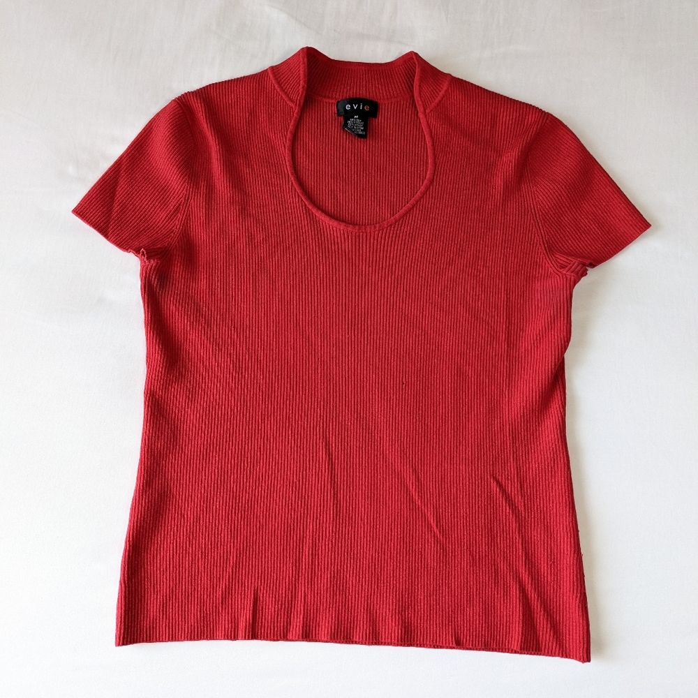 Evie Silk Blend Red Blouse Top Ribbed Short Sleeve